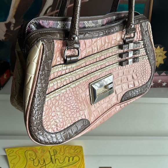GUESS Metallic Pink and Brown Croc Shoulder Bag - Picture 3 of 14